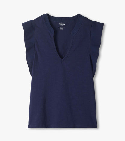 Navy blue sleeveless V-neck tank top with a relaxed fit and subtle textured fabric, front view