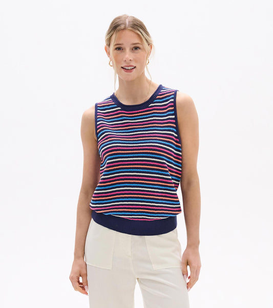 Sleeveless knit tank top with navy trim and multicolor horizontal stripes, front view.