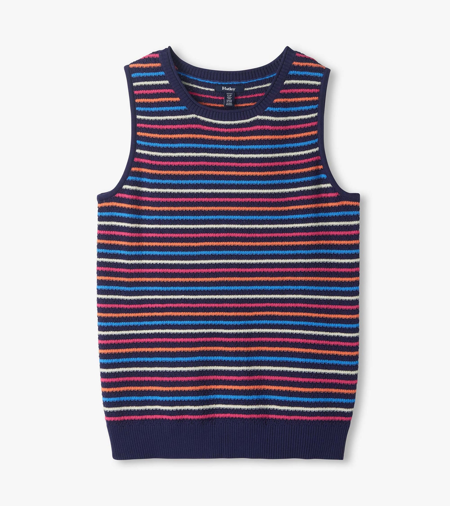 Sleeveless navy knit tank with multicolor horizontal stripes and ribbed trim, front view