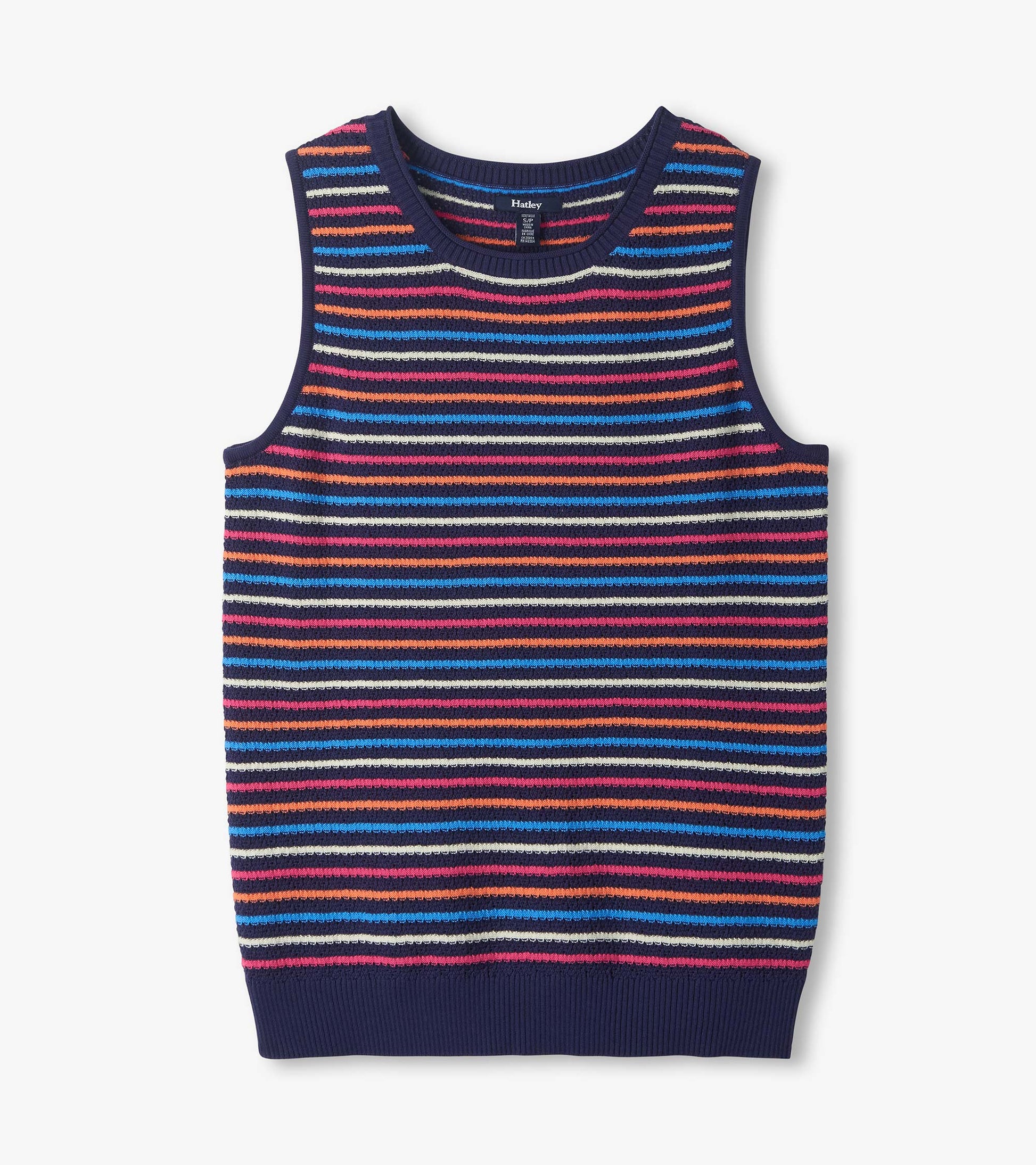 Sleeveless navy knit tank with multicolor horizontal stripes and ribbed trim, front view