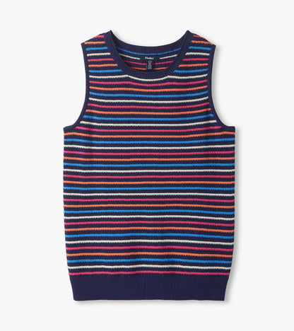 Sleeveless navy knit tank with multicolor horizontal stripes and ribbed trim, front view