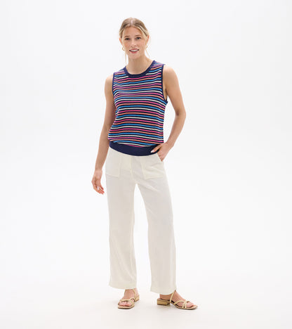 Sleeveless knit tank with navy, pink, blue, and white horizontal stripes, shown on a model front view.