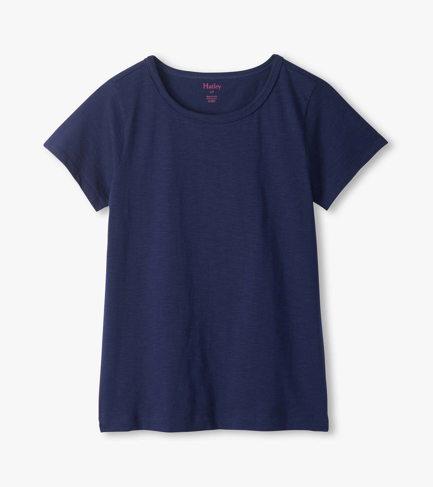 Navy blue crew neck short-sleeve tee with a simple solid design, front view
