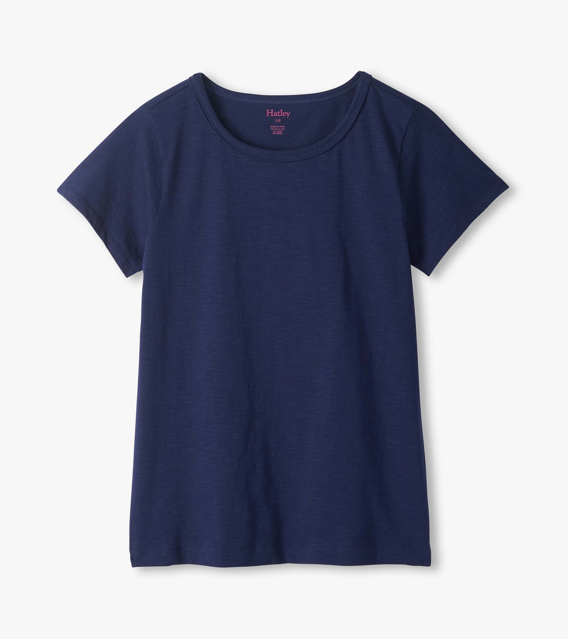 Navy blue crew neck short-sleeve tee with a simple solid design, front view