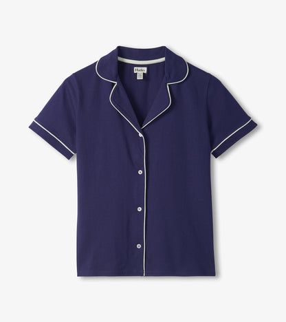 Navy short-sleeve pajama shirt with white piping, button front, and notched collar