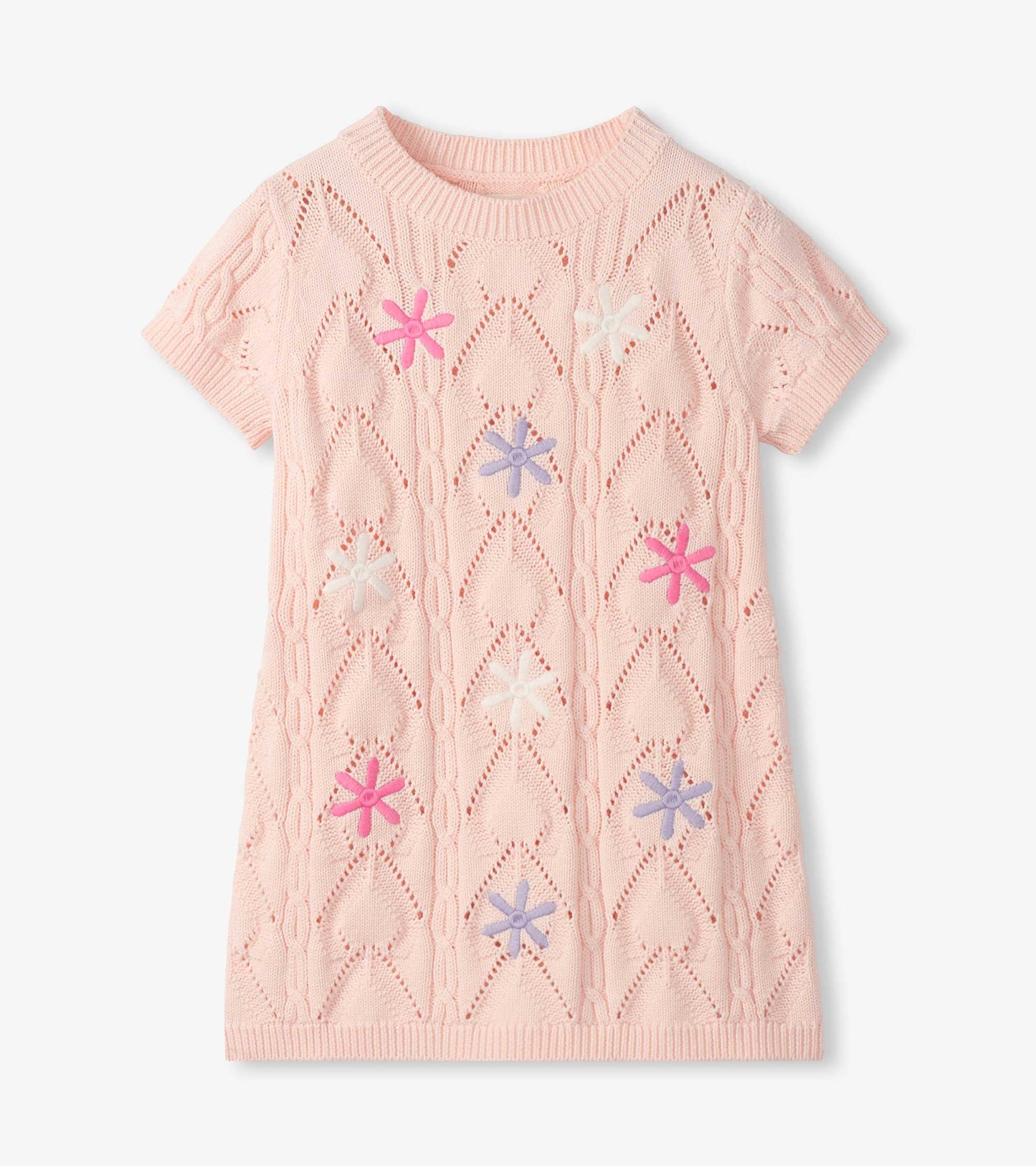 Light pink crochet short-sleeve dress with openwork pattern and colorful flower appliqués, front view