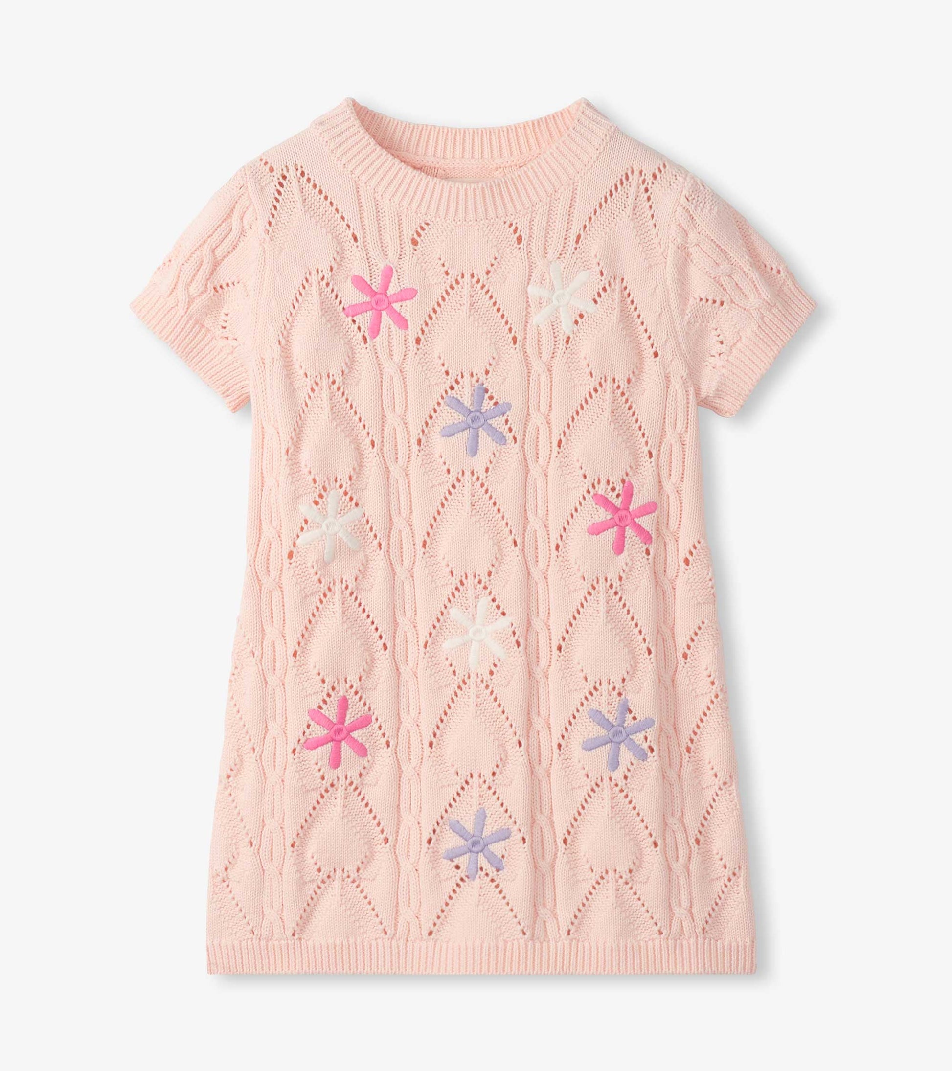 Light pink crochet short-sleeve dress with openwork pattern and colorful flower appliqués, front view