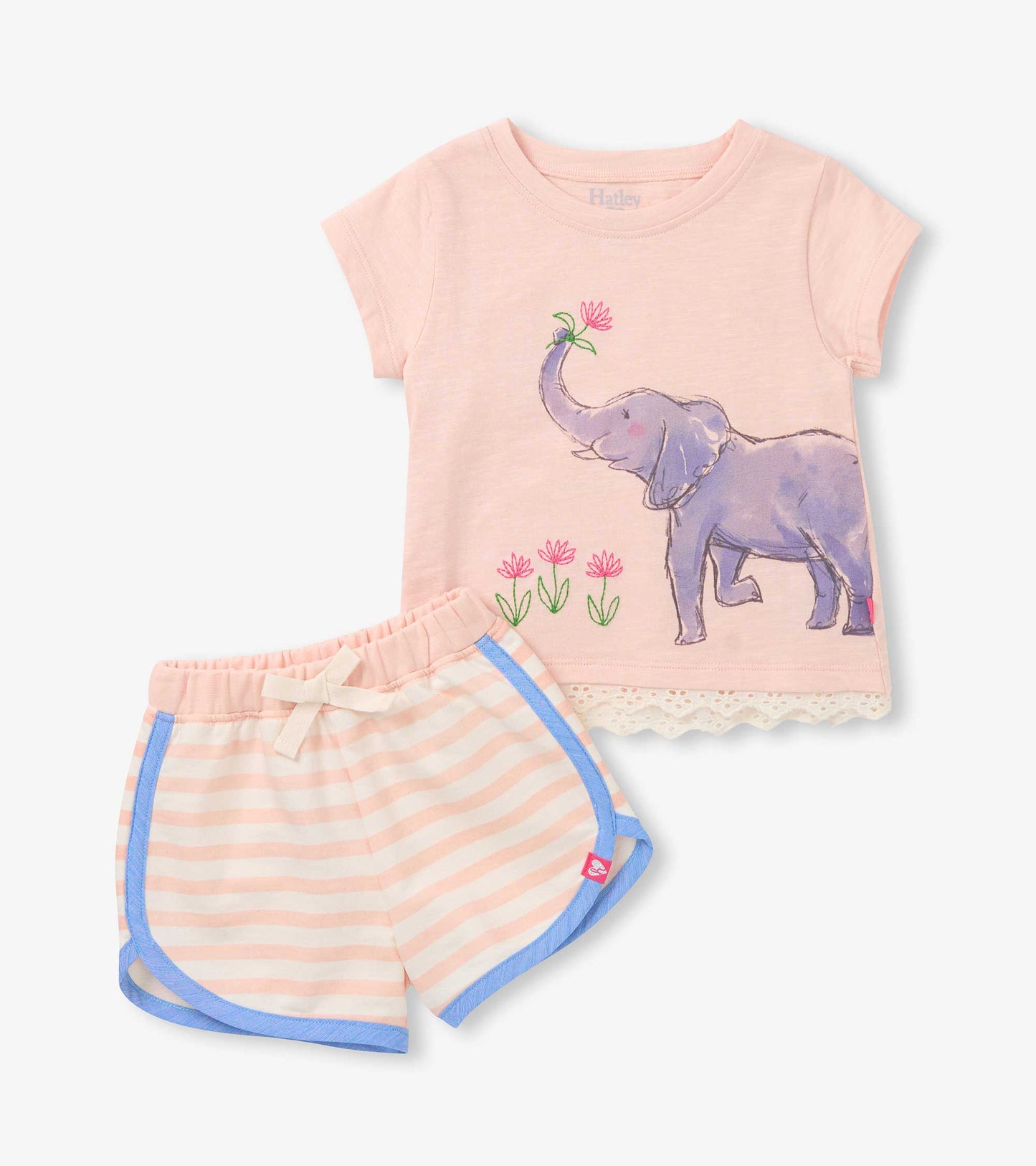 Pink toddler T-shirt and striped shorts set with elephant and flower print, front view