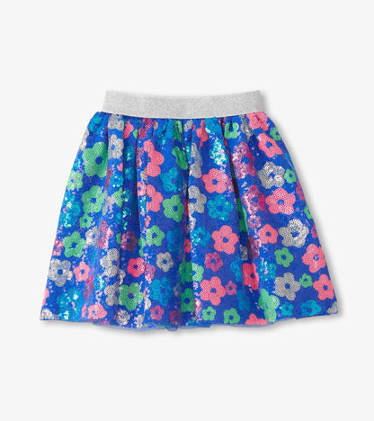 Girls sequin skirt with blue floral pattern and silver elastic waistband, front view