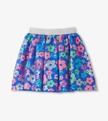 Girls sequin skirt with blue floral pattern and silver elastic waistband, front view