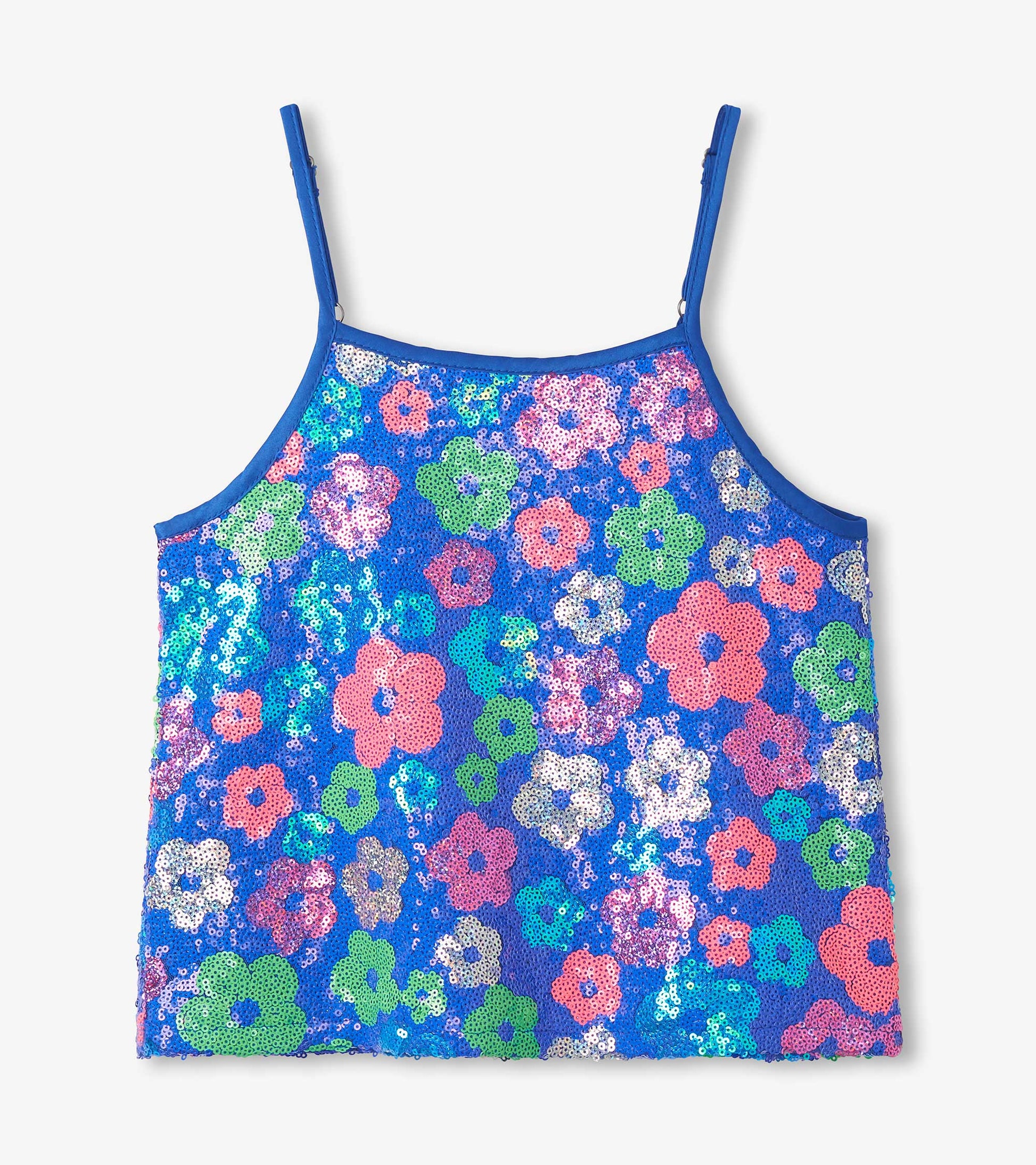 Blue sequin girls’ tank top with multicolor floral pattern and thin spaghetti straps, front view