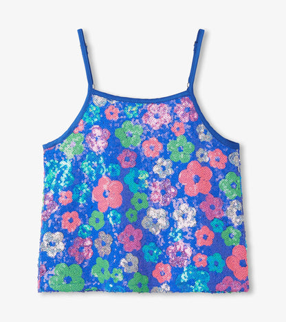 Blue sequin girls’ tank top with multicolor floral pattern and thin spaghetti straps, front view