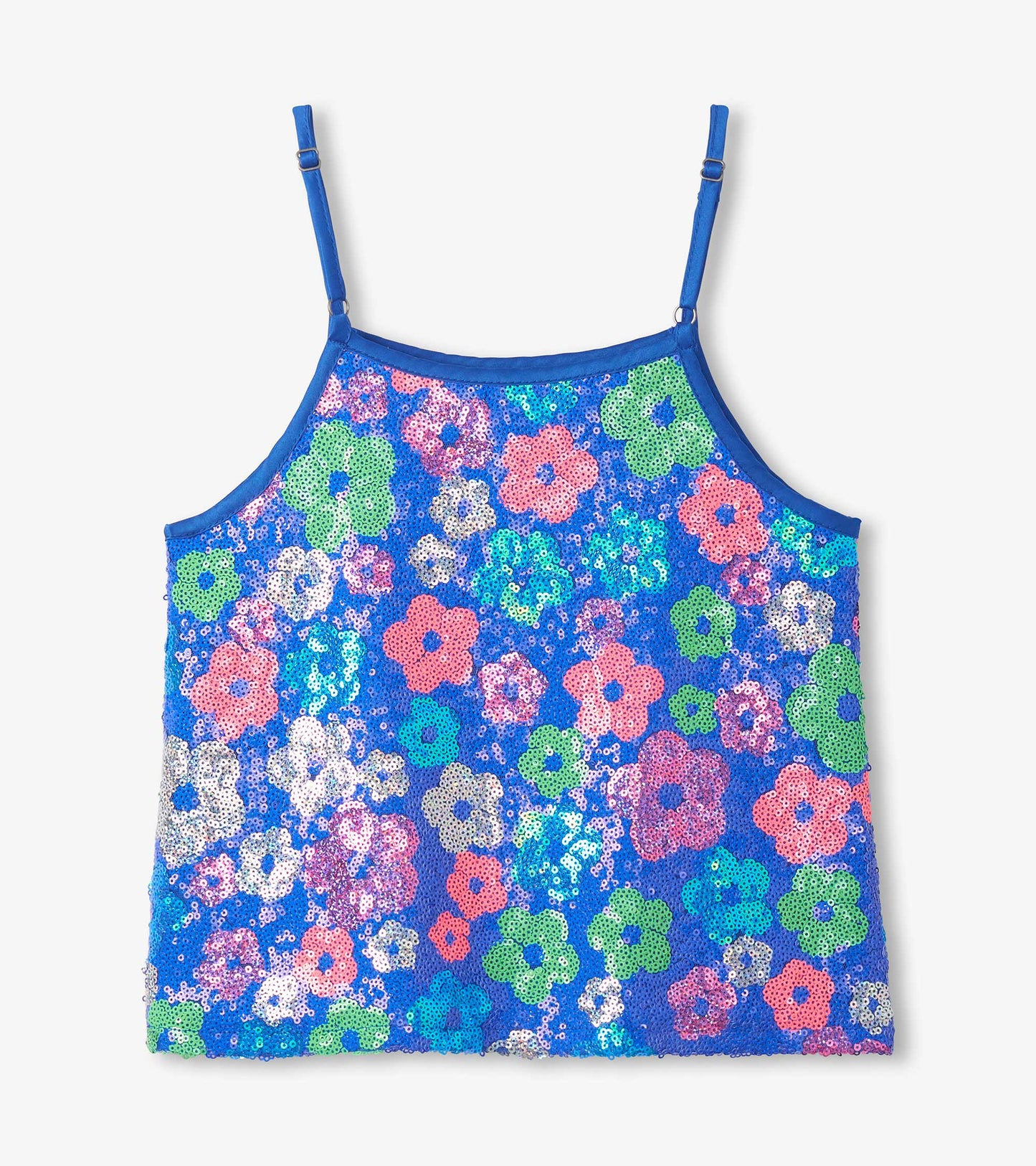 Girls blue sequin tank top with multicolor floral pattern and thin adjustable straps, front view