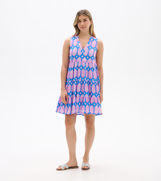 Sleeveless V-neck tiered dress with blue, pink, and white floral geometric print, front view