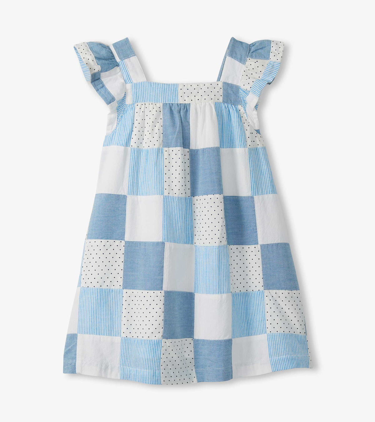 Back view of girls patchwork dress in blue and white with flutter sleeves and square neckline