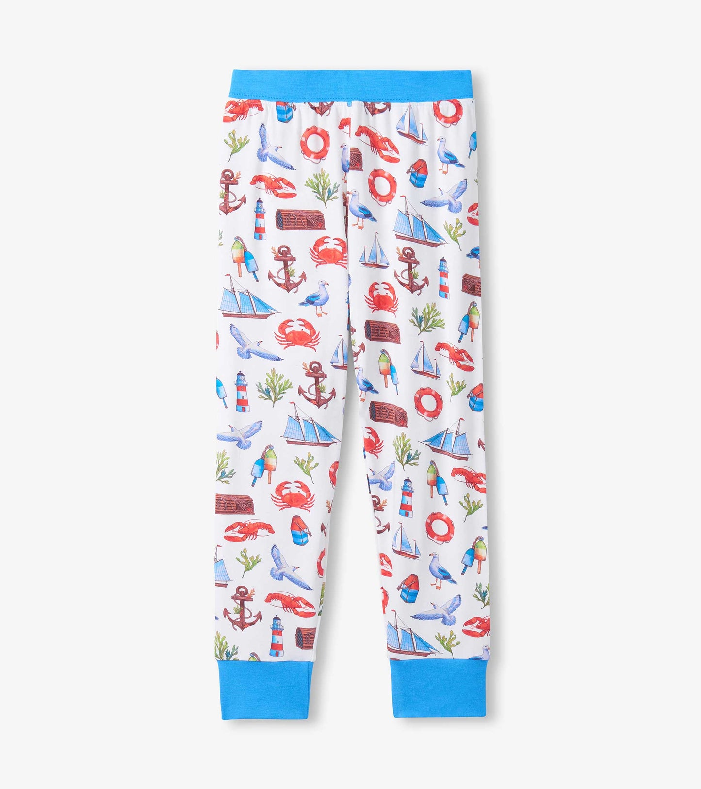 White boys pajama pants with blue cuffs and nautical seascape print of boats, anchors, crabs, and birds