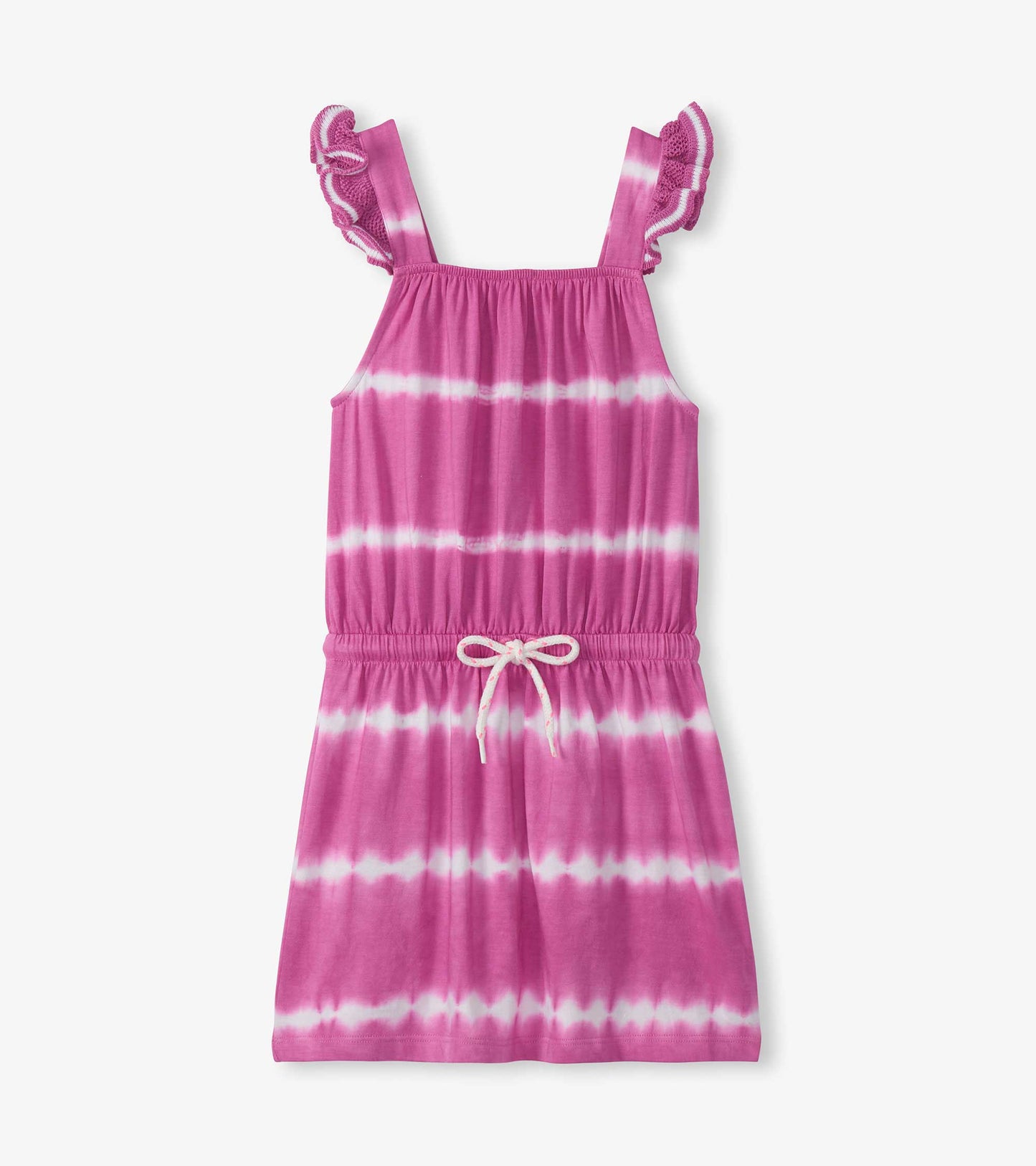 Pink and white tie-dye girls dress with crochet ruffle straps and drawstring waist, front view
