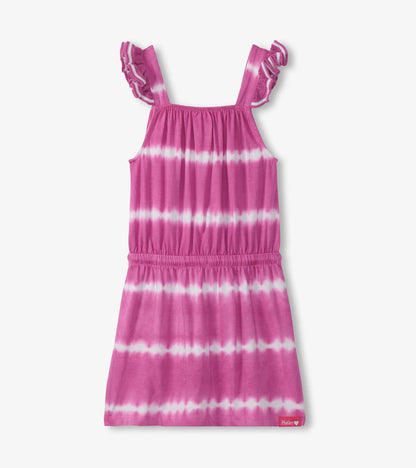 Girls pink tie-dye sleeveless dress with crochet ruffle straps and gathered waist, front view