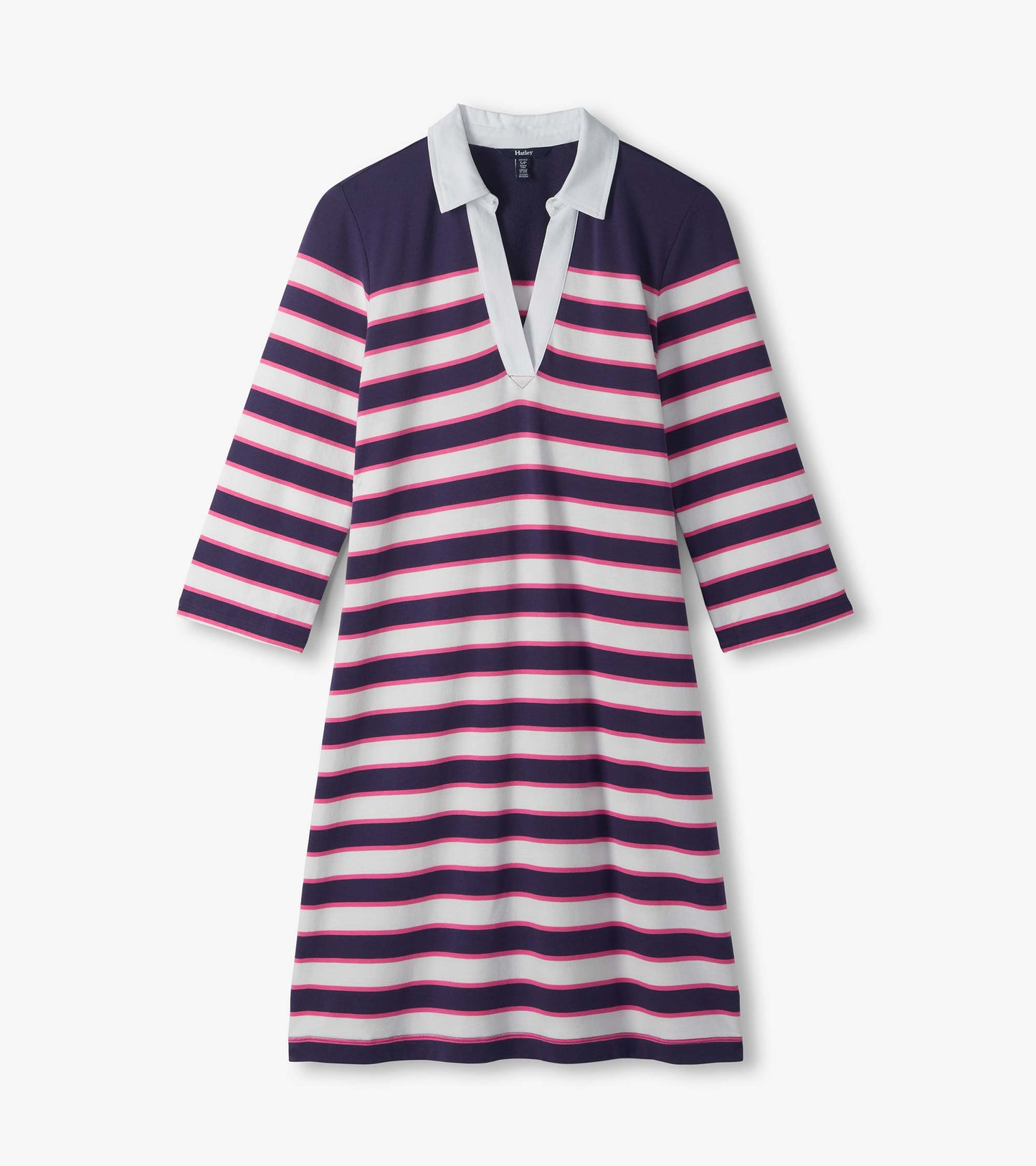 Flat lay of striped midi dress with white collar, V-neck placket, and three-quarter sleeves