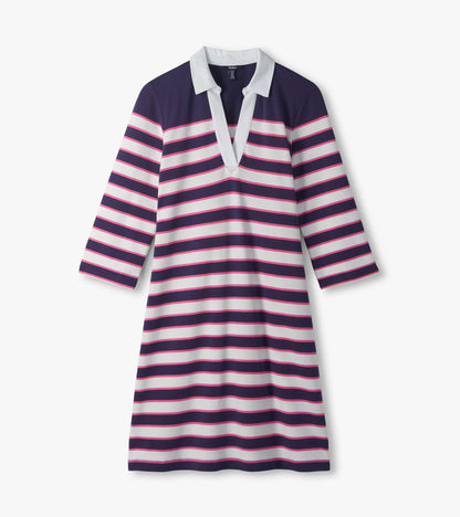 Flat lay of striped midi dress with white collar, V-neck placket, and three-quarter sleeves