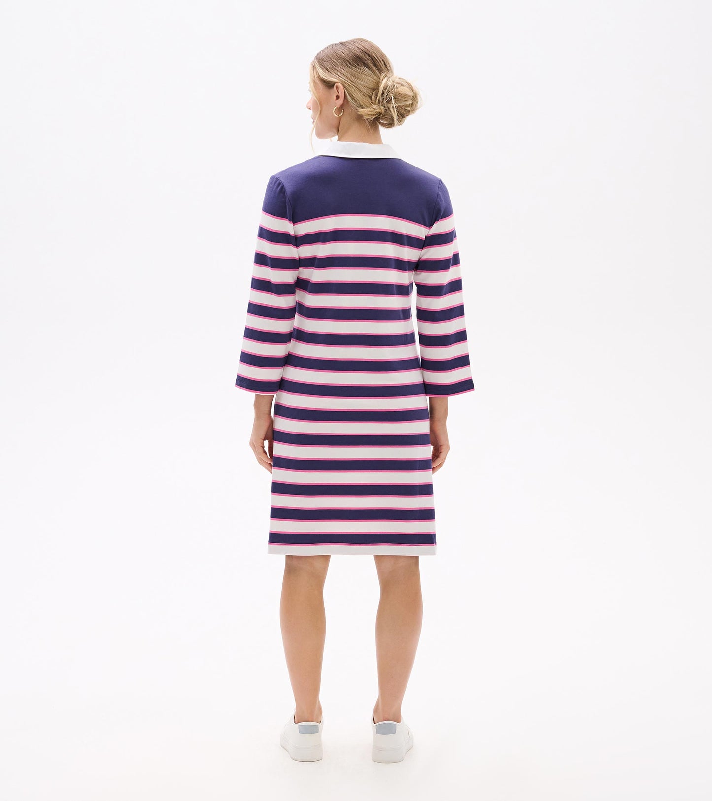 Back view of striped midi dress with white collar and three-quarter sleeves