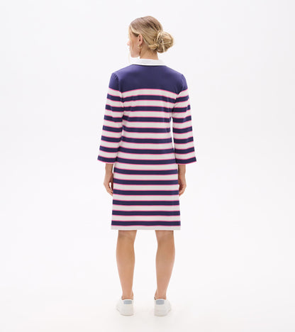 Back view of striped midi dress with white collar and three-quarter sleeves