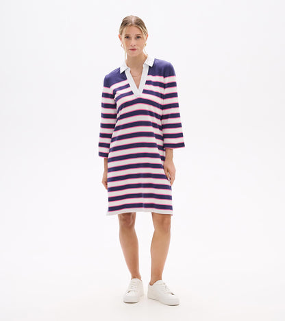 Full front view of striped midi dress with white collar and three-quarter sleeves