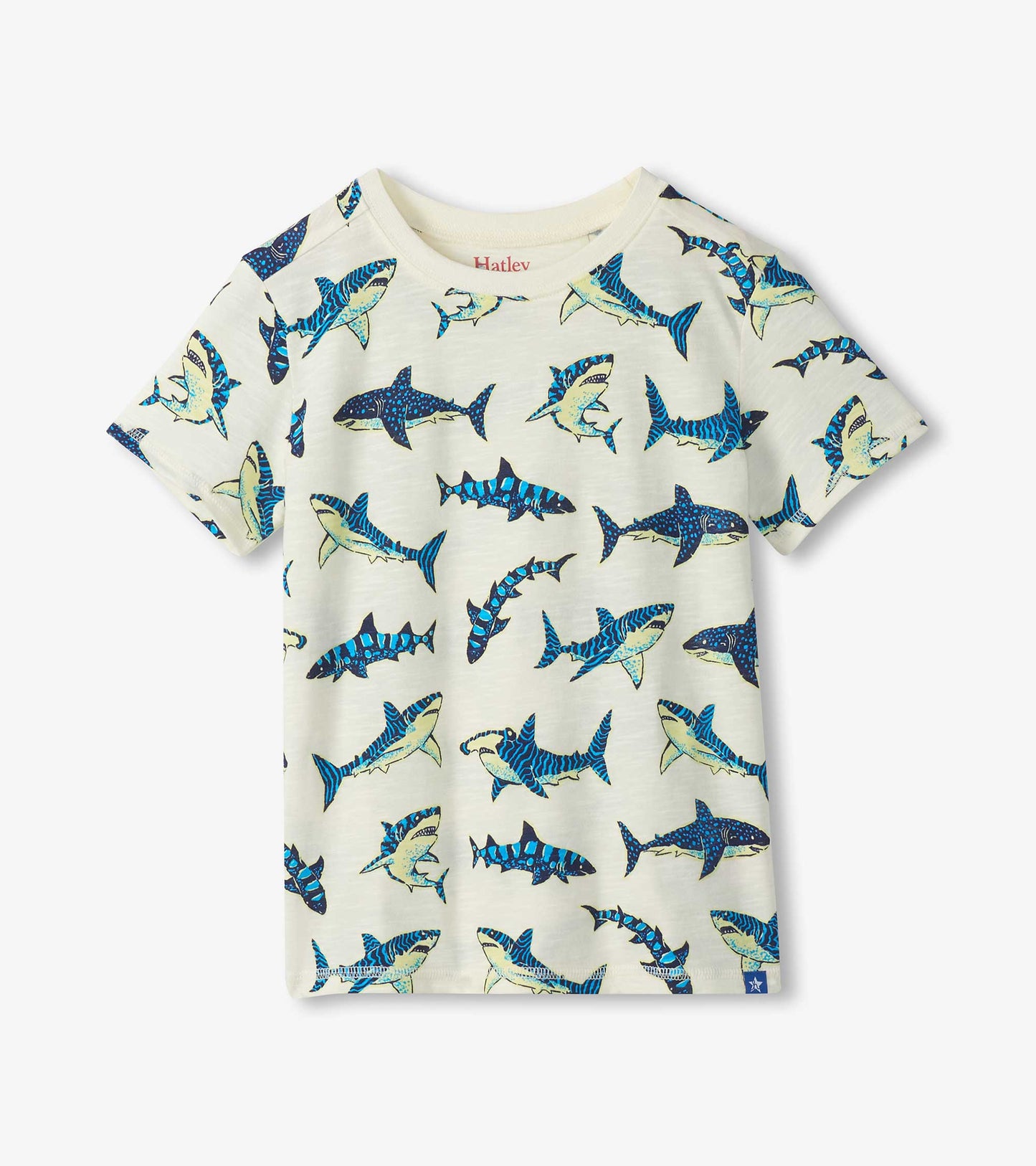 Cream boys graphic tee with allover blue shark print and short sleeves, front view