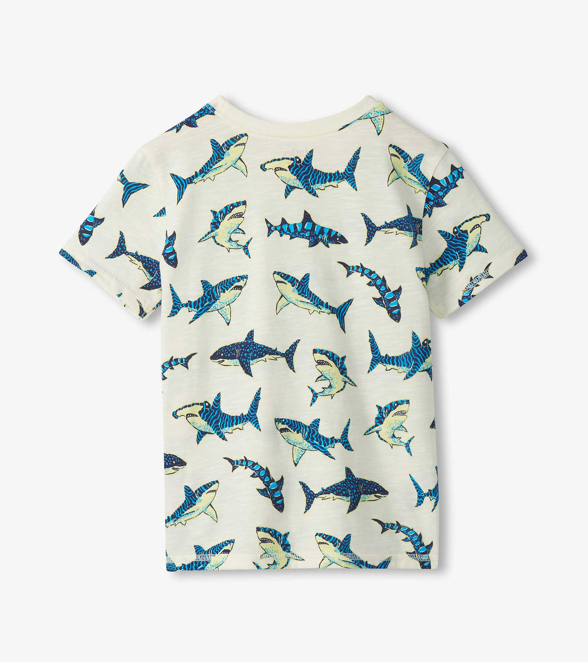 Boys shark print tee in heathered natural, back view