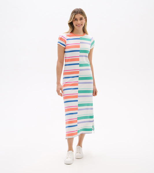 Short-sleeve midi dress with multicolor horizontal stripes and a front seam, shown on a model