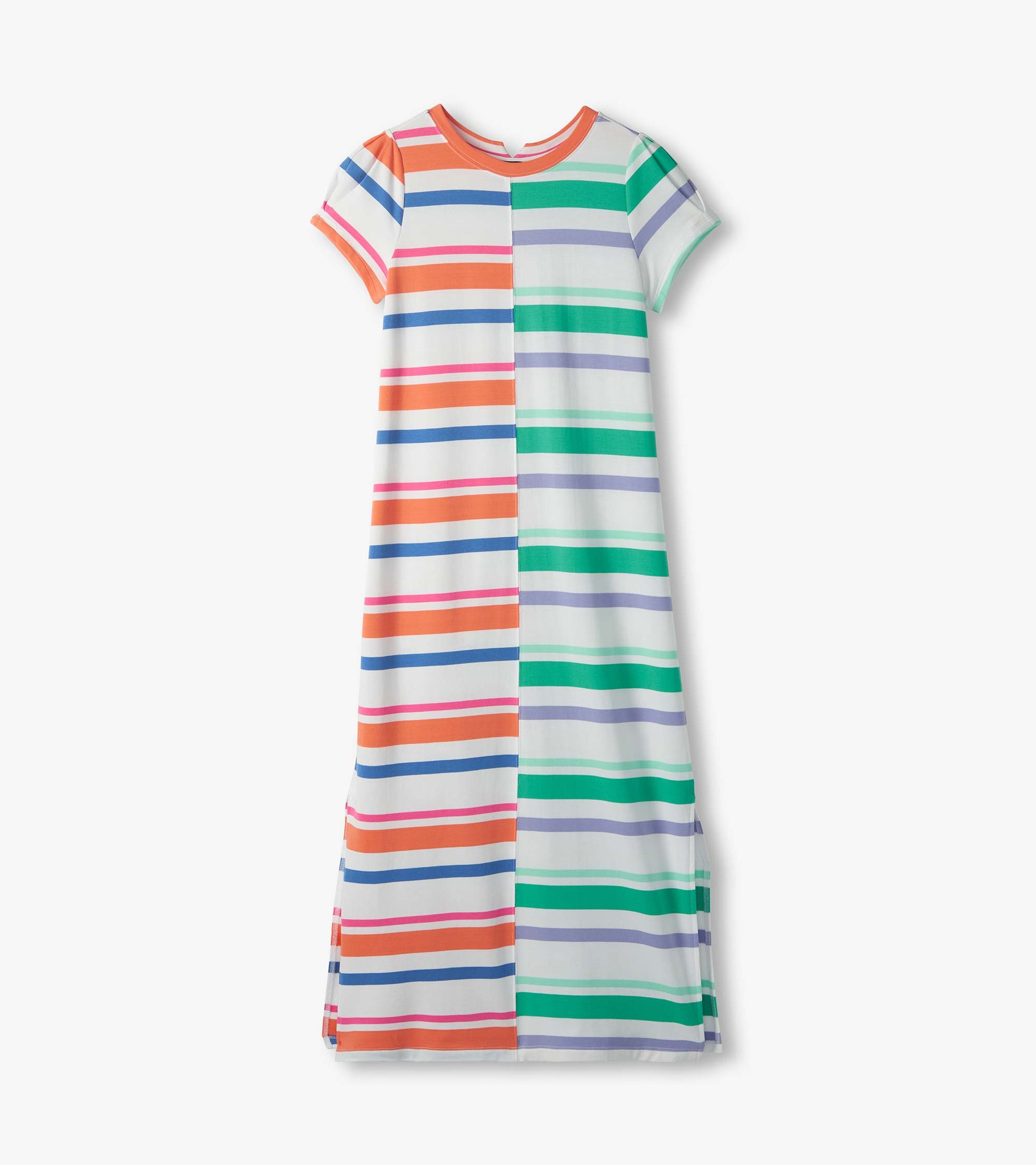 Front view of a midi dress with short pleated sleeves and multicolor horizontal stripes on white fabric