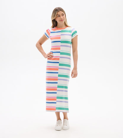 Front view of a white midi dress with colorful horizontal stripes, short pleated sleeves, and a straight fit