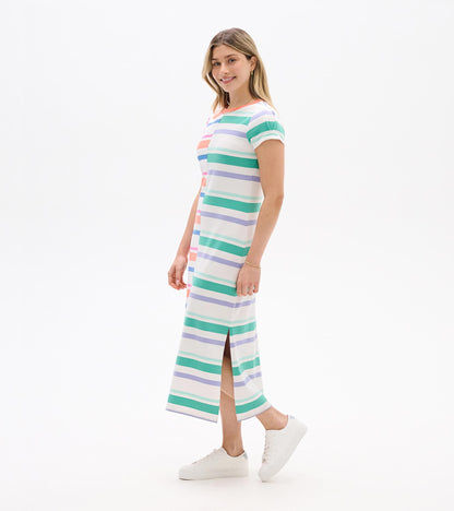 Side view of a white midi dress with multicolor horizontal stripes, short pleated sleeves, and side slit.