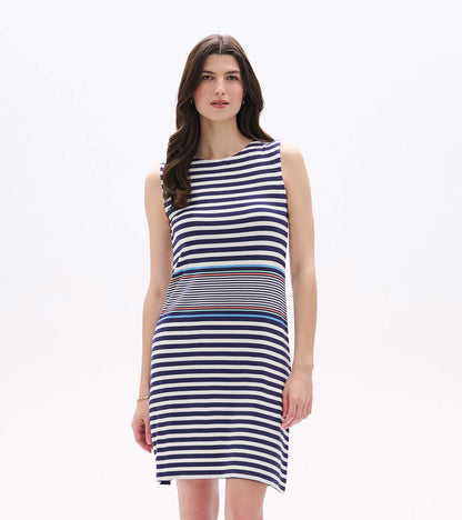 Front view of sleeveless knee-length dress with navy and white stripes and blue and coral accent bands