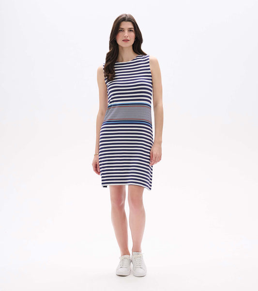 Sleeveless navy and white striped knee-length dress with a fitted silhouette and horizontal multicolor stripe band at the wa…