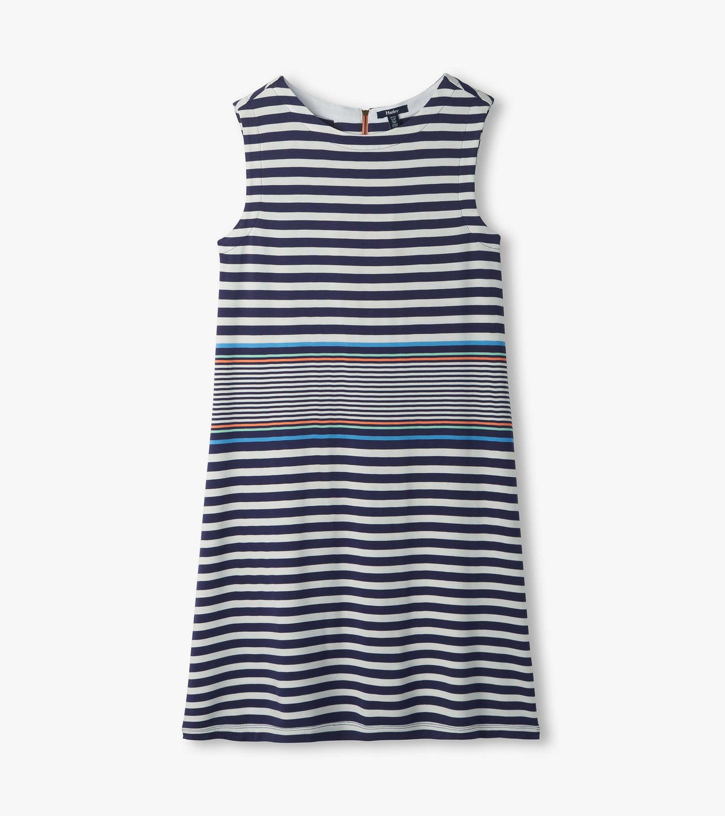 Flat lay of sleeveless striped dress with navy and white stripes and blue and coral accent bands