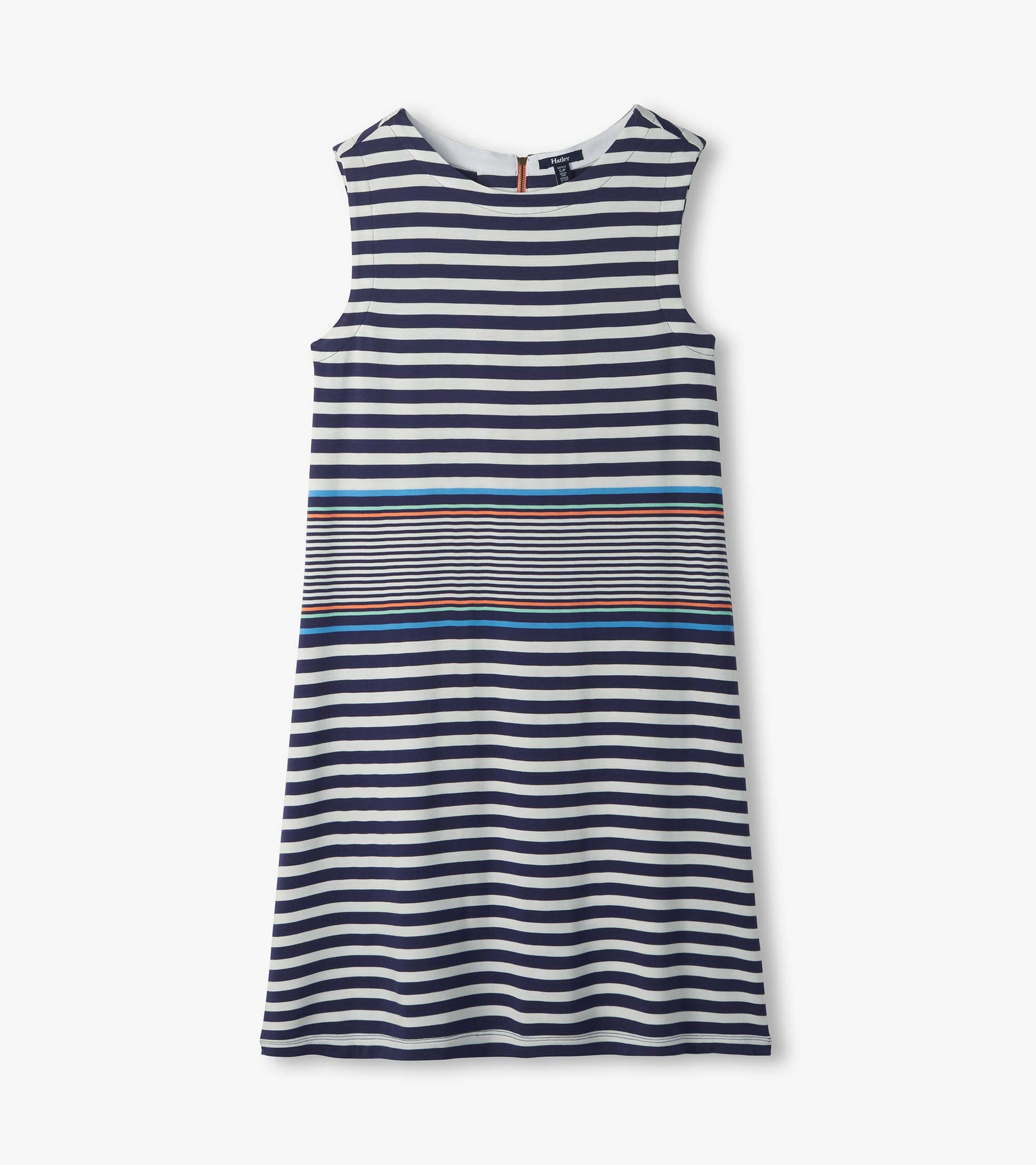 Flat lay of sleeveless striped dress with navy and white stripes and blue and coral accent bands