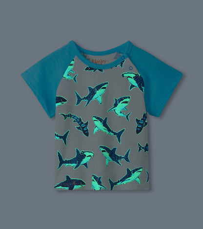 Gray and teal raglan T-shirt with allover glowing shark print, short sleeves, front view