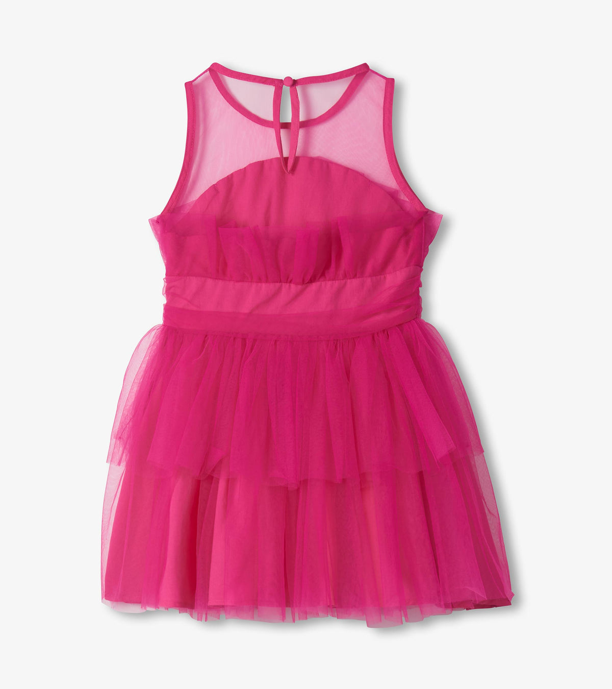 Back view of girls fuchsia tulle party dress with sheer upper back and keyhole button closure