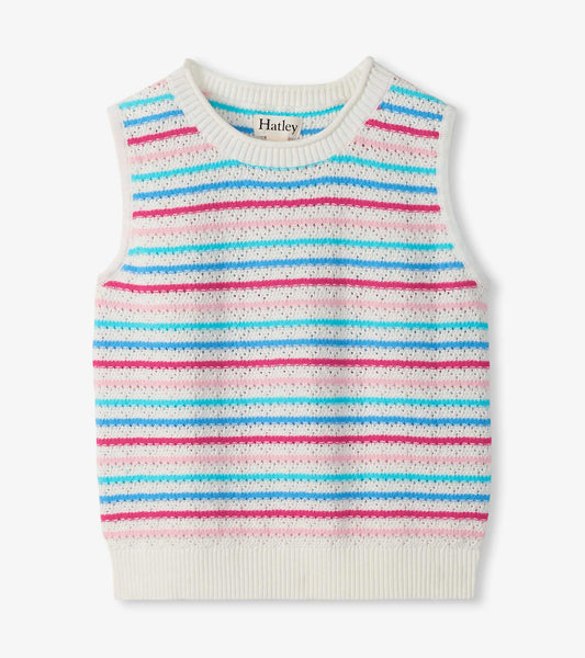 Girls white crochet tank top with pink and blue horizontal stripes, front view
