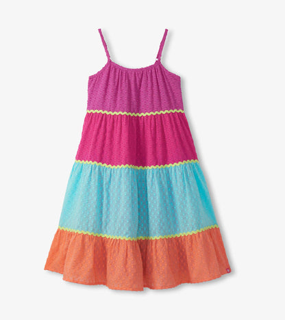 Girls rainbow color block strappy midi dress with pink, blue, and orange tiers and ruffled trim, front view