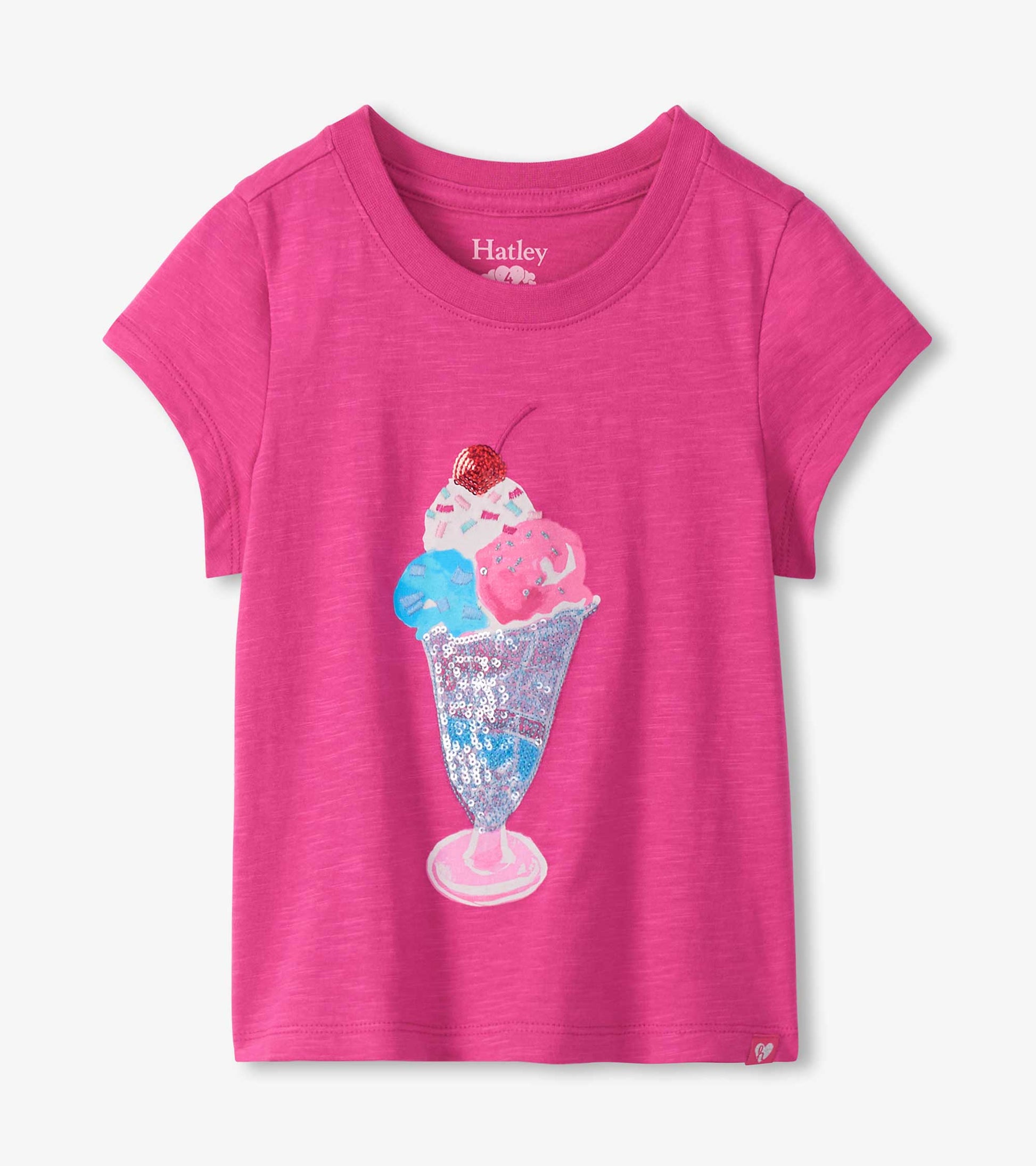 Pink short-sleeve girls T-shirt with a sequined ice cream sundae graphic on the front