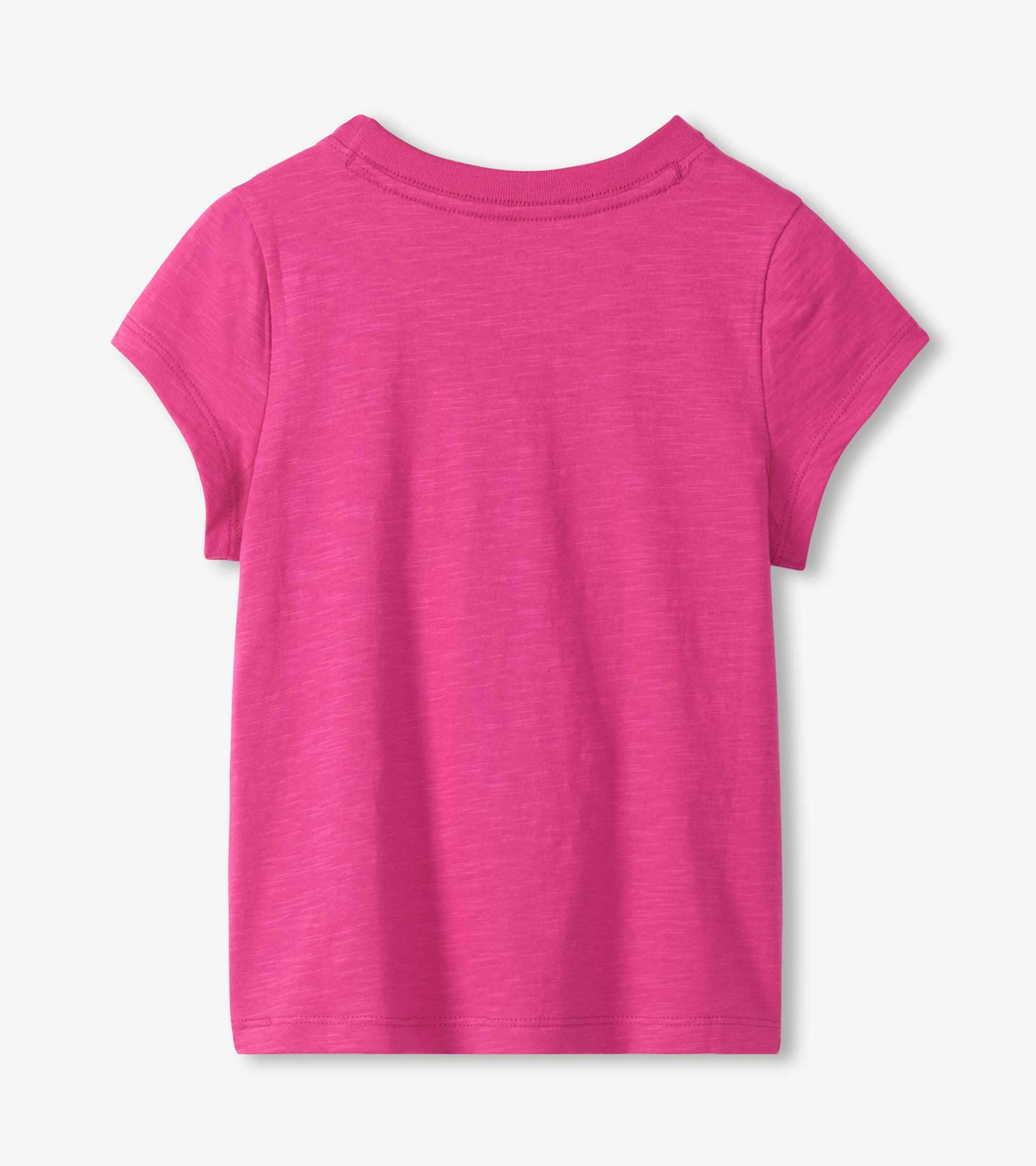 Pink short-sleeve girls T-shirt with a plain back and crew neck, shown from the back