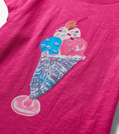 Pink girls' graphic tee with embroidered ice cream cone design on the front