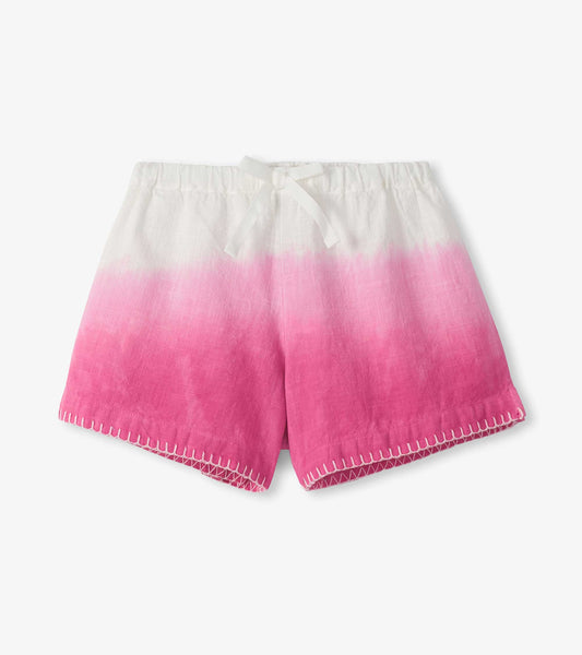 Girls white-to-raspberry dip dye woven shorts with elastic waist and tie front, front view