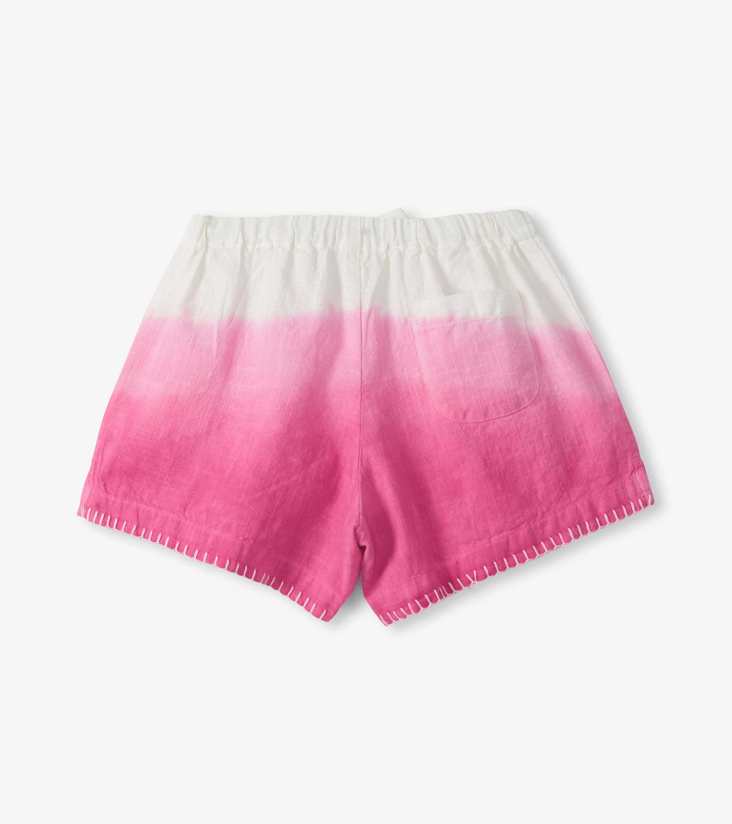 Girls woven shorts with white-to-pink dip dye, elastic waist, and stitched hem, front view