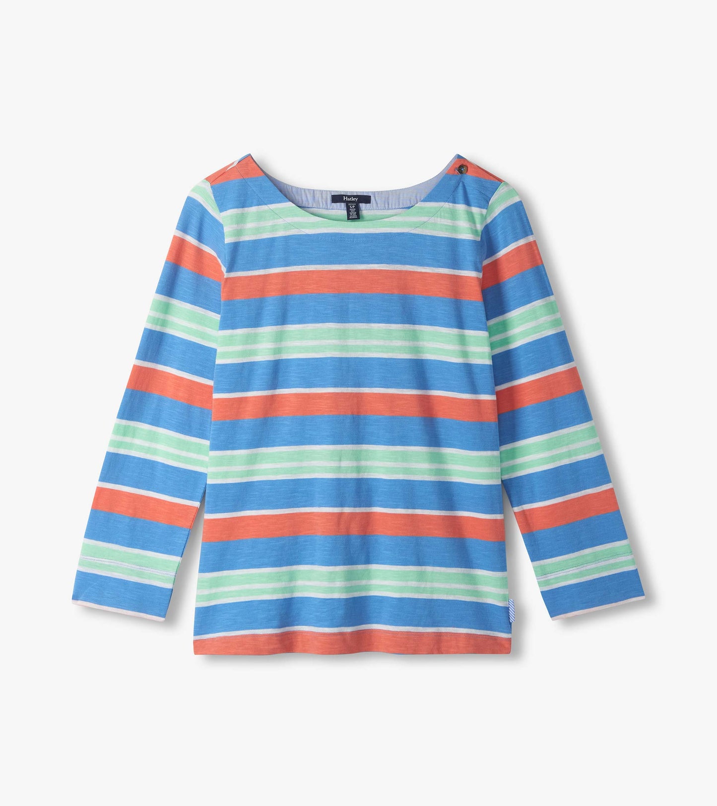 Long-sleeve striped top in blue, coral, and mint with a boat neckline and button shoulder detail, front view