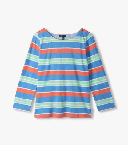 Long-sleeve striped top in blue, coral, and mint with a boat neckline and button shoulder detail, front view
