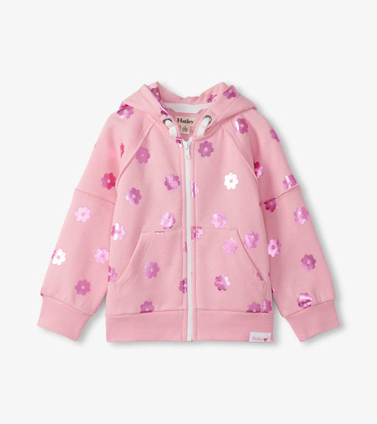 Pink girls' full-zip hoodie with purple flower print, hood, front pockets, and long sleeves, front view