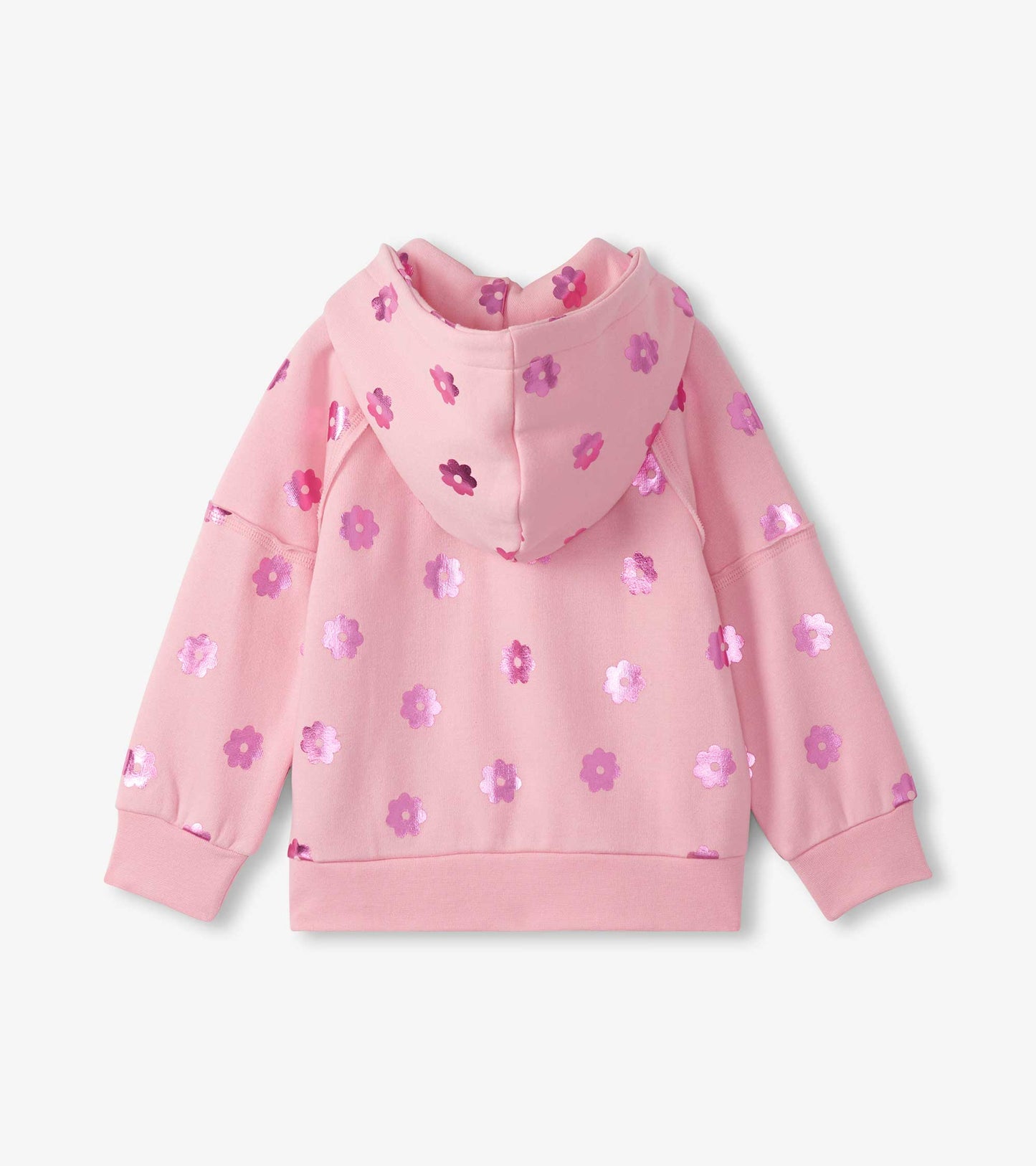 Pink girls hoodie with purple floral print, hood, long sleeves, and ribbed cuffs and hem, back view